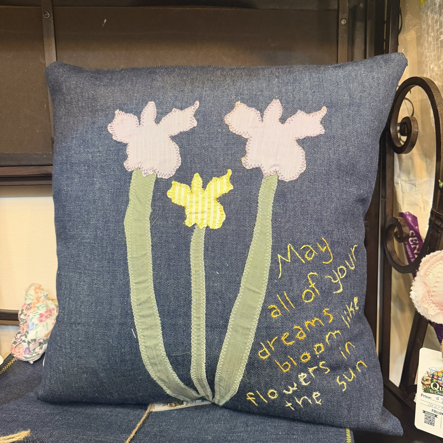 "May all of your dreams bloom like flowers in the sun" Denim Throw Pillow