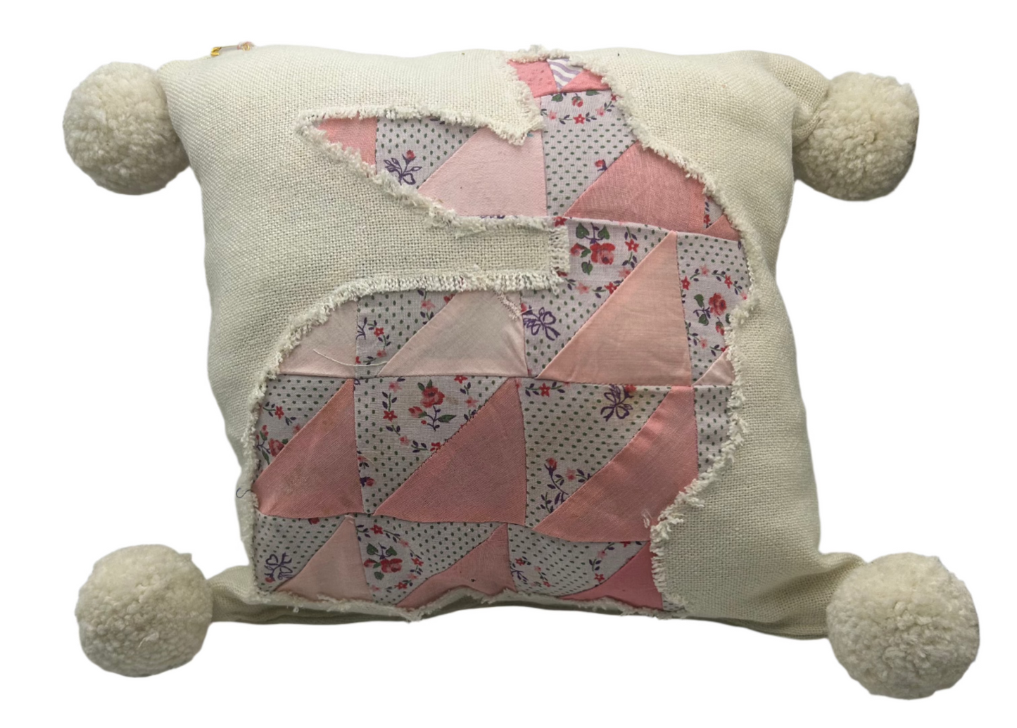 Vintage Quilt Bunny Pillow with Poms