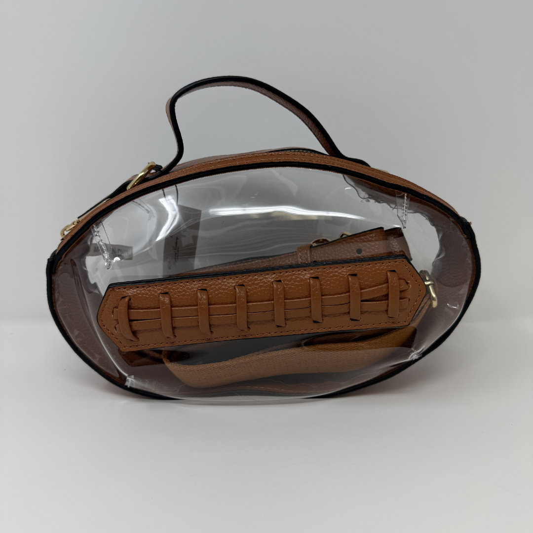 Clear plastic bag in a football shape on a white background
