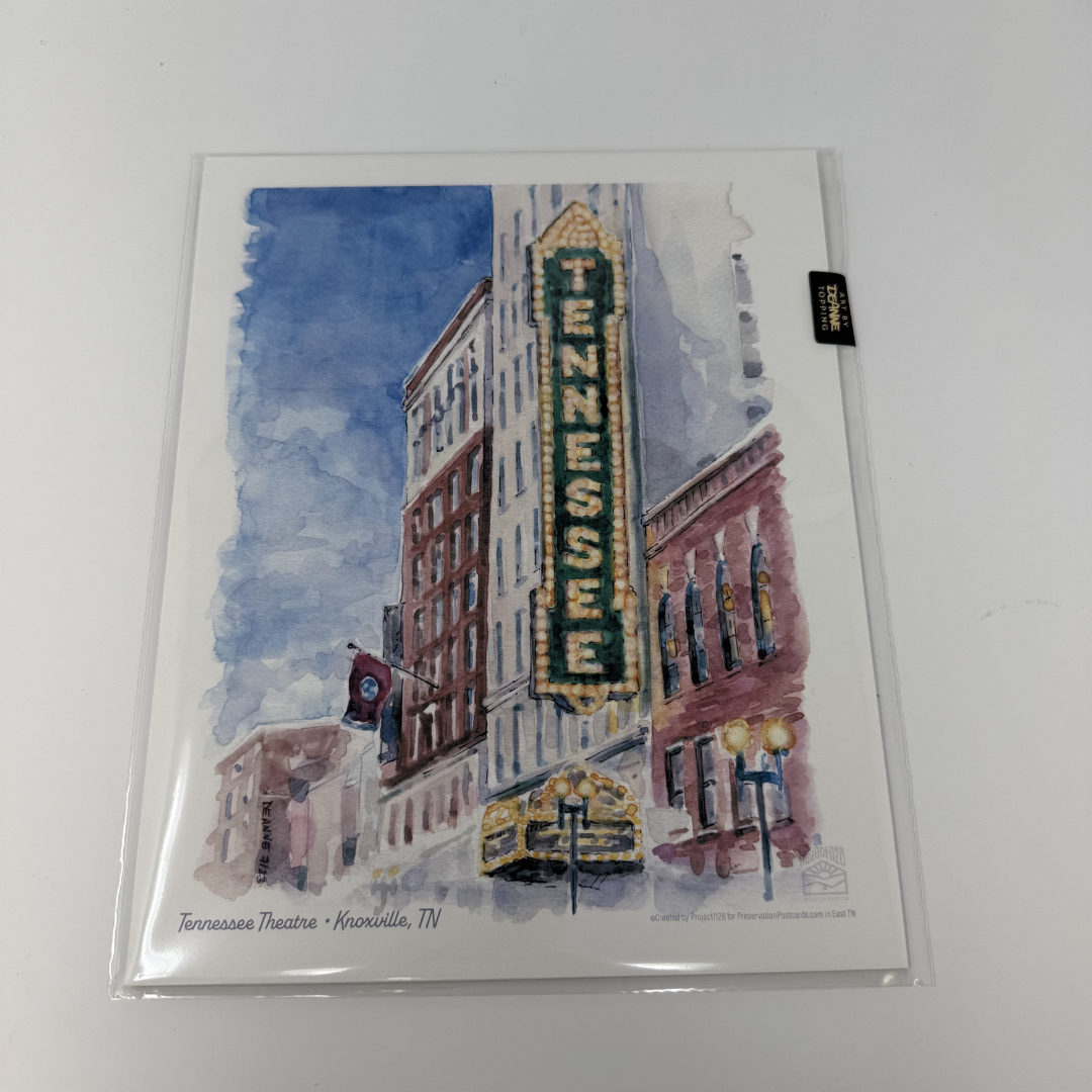 Card with a watercolor illustration of the Tennessee Theatre in Knoxville, TN, on a white background.