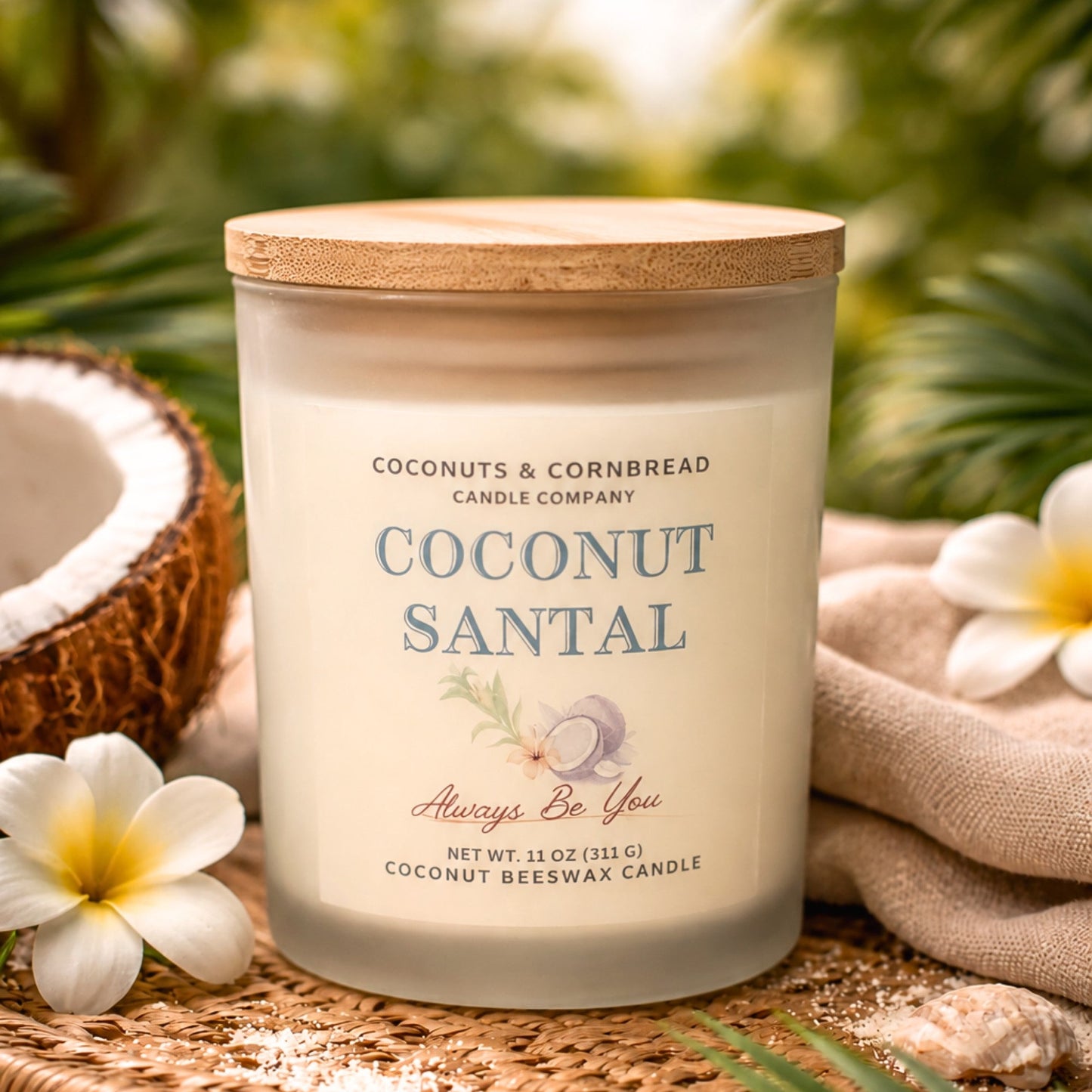 Coconut Santal candle from Coconuts & Cornbread Candle Company on a woven mat with coconut and flowers.