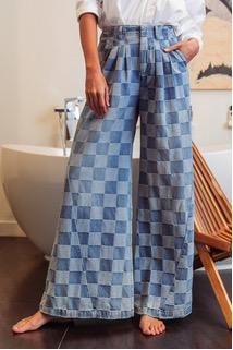 Checker Wide Leg Denim Pants