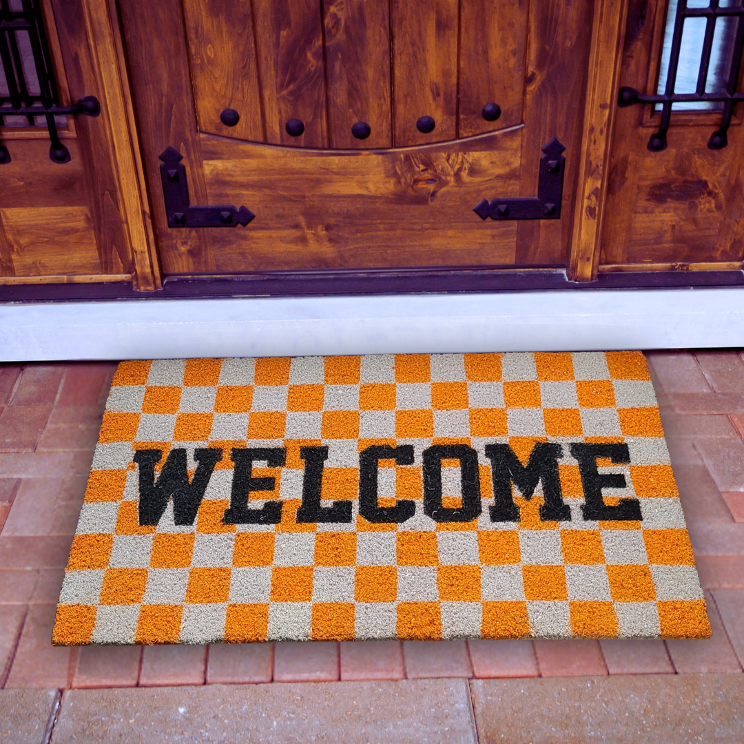 Orange & White Checkered Welcome Mat