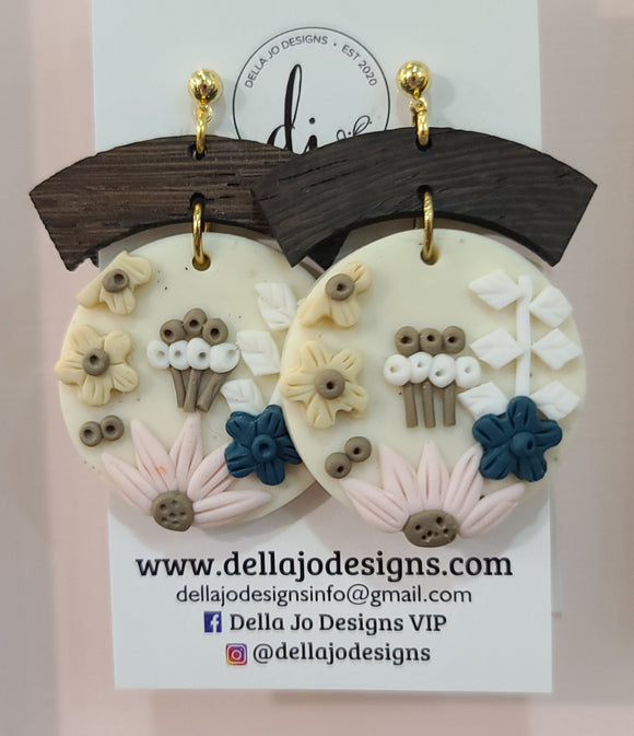 Wood and Clay Floral Pendant Earrings