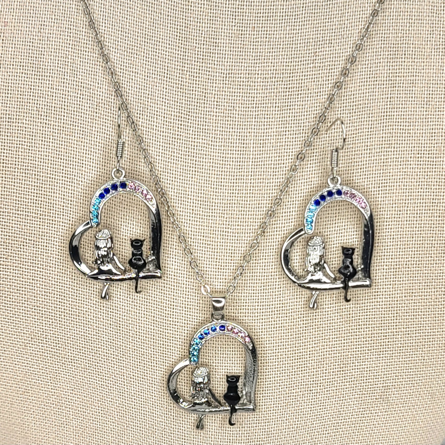 Girl & Her Cat Earrings & Necklace Set