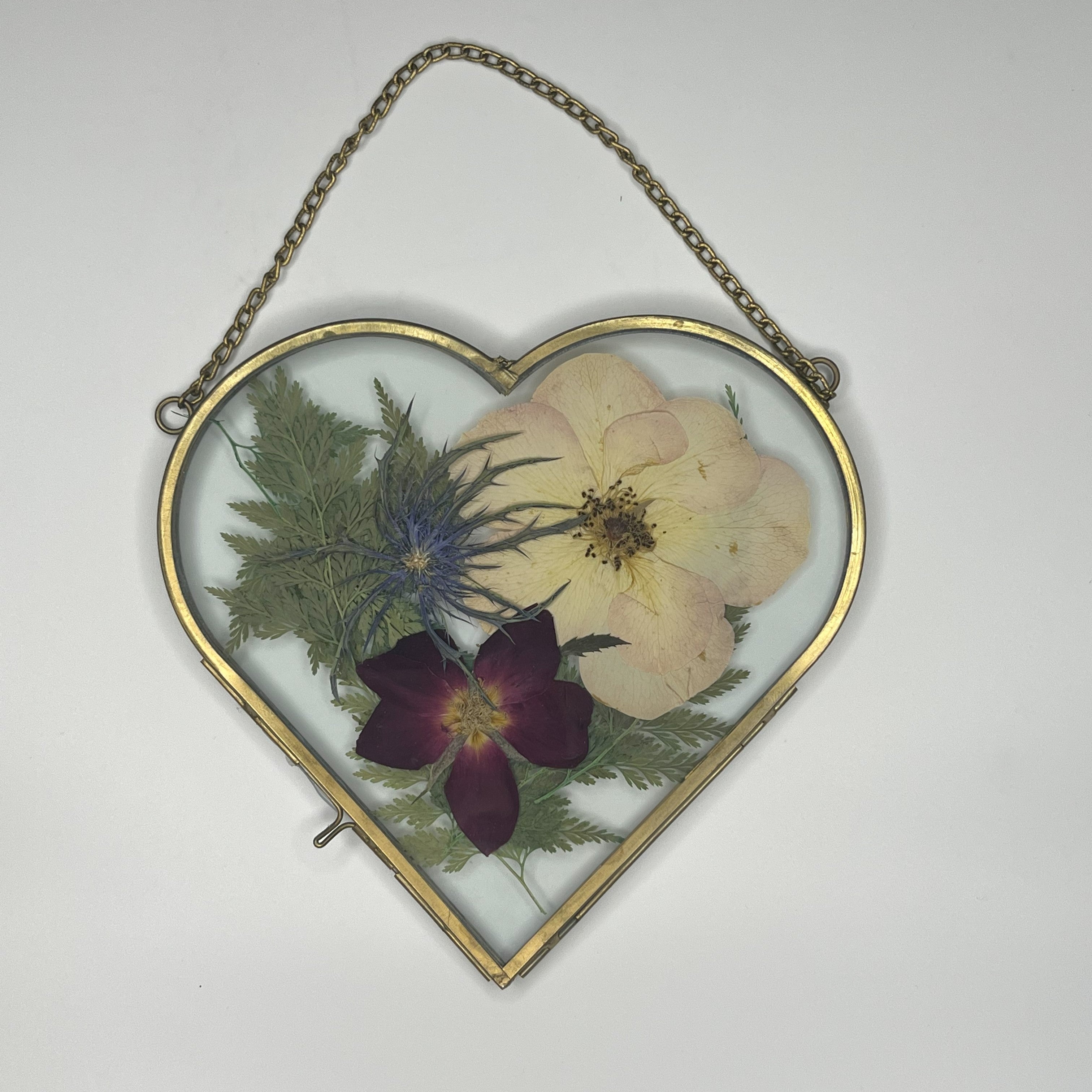 Pressed Flowers In Heart Shaped Glass Frame