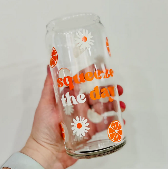 Orange “Squeeze the Day” Glass Travel Cup