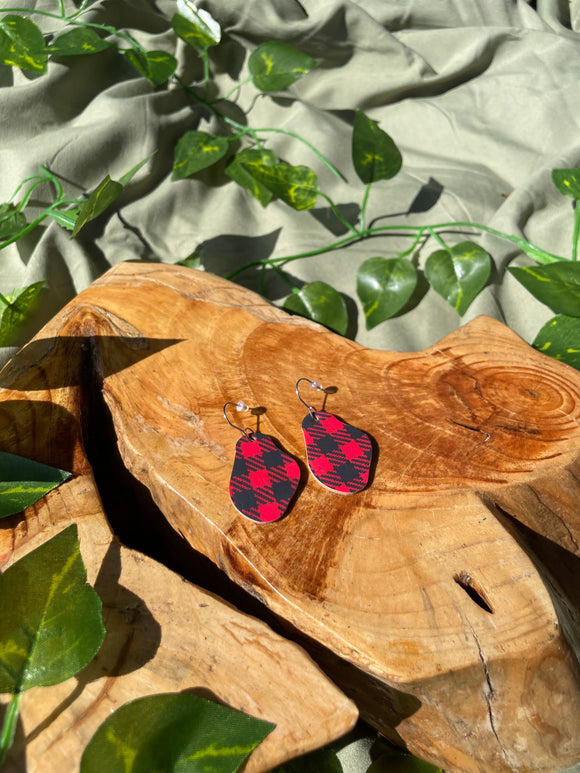 Red Flannel Print Leather Earrings