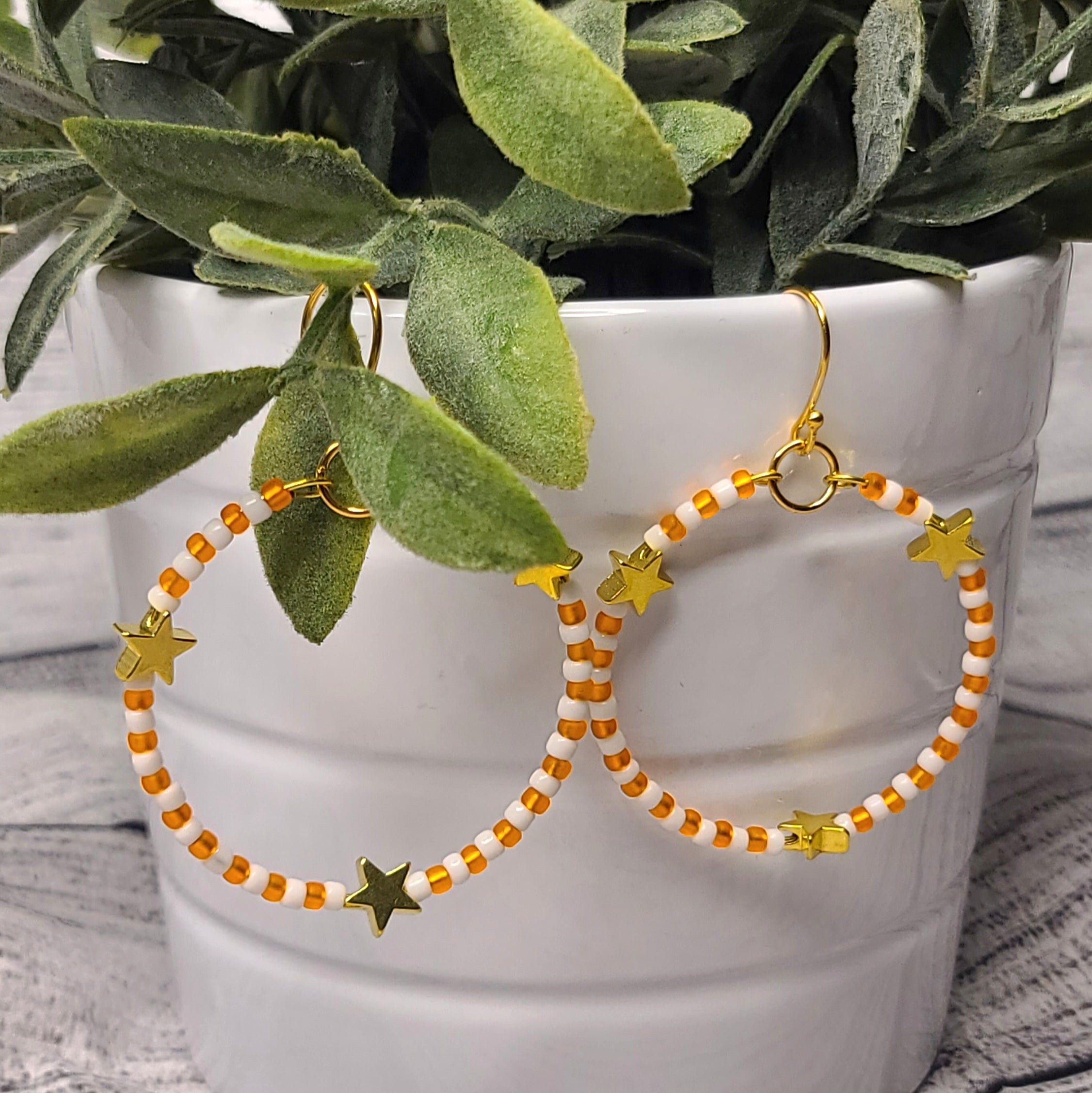 Orange & Whited Beaded Star Hoops