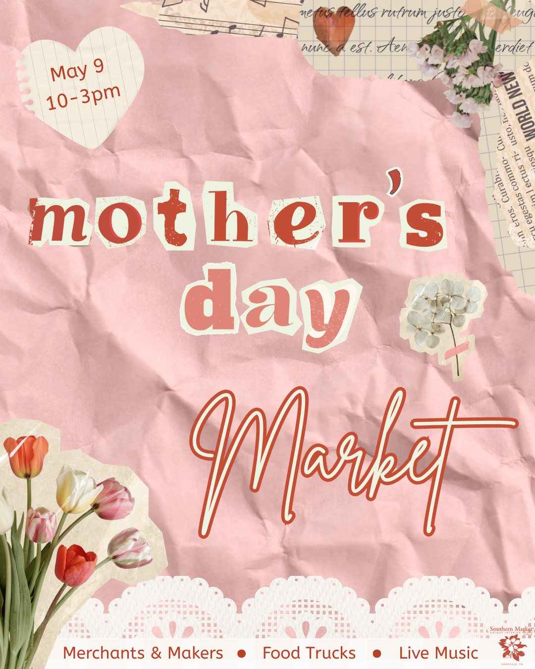 Poster for Mother's Day market at The Southern Market.