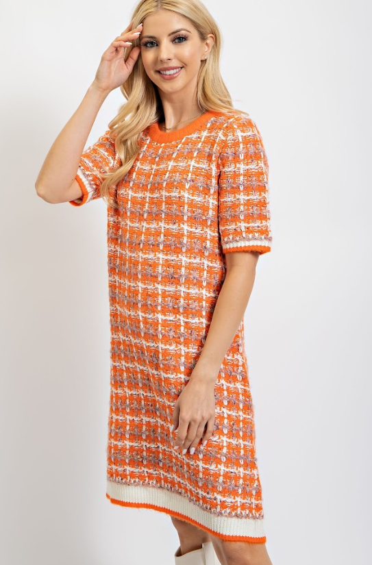 Orange & White Tweed Sweater Dress