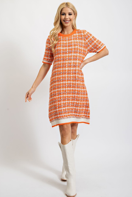 Orange & White Tweed Sweater Dress