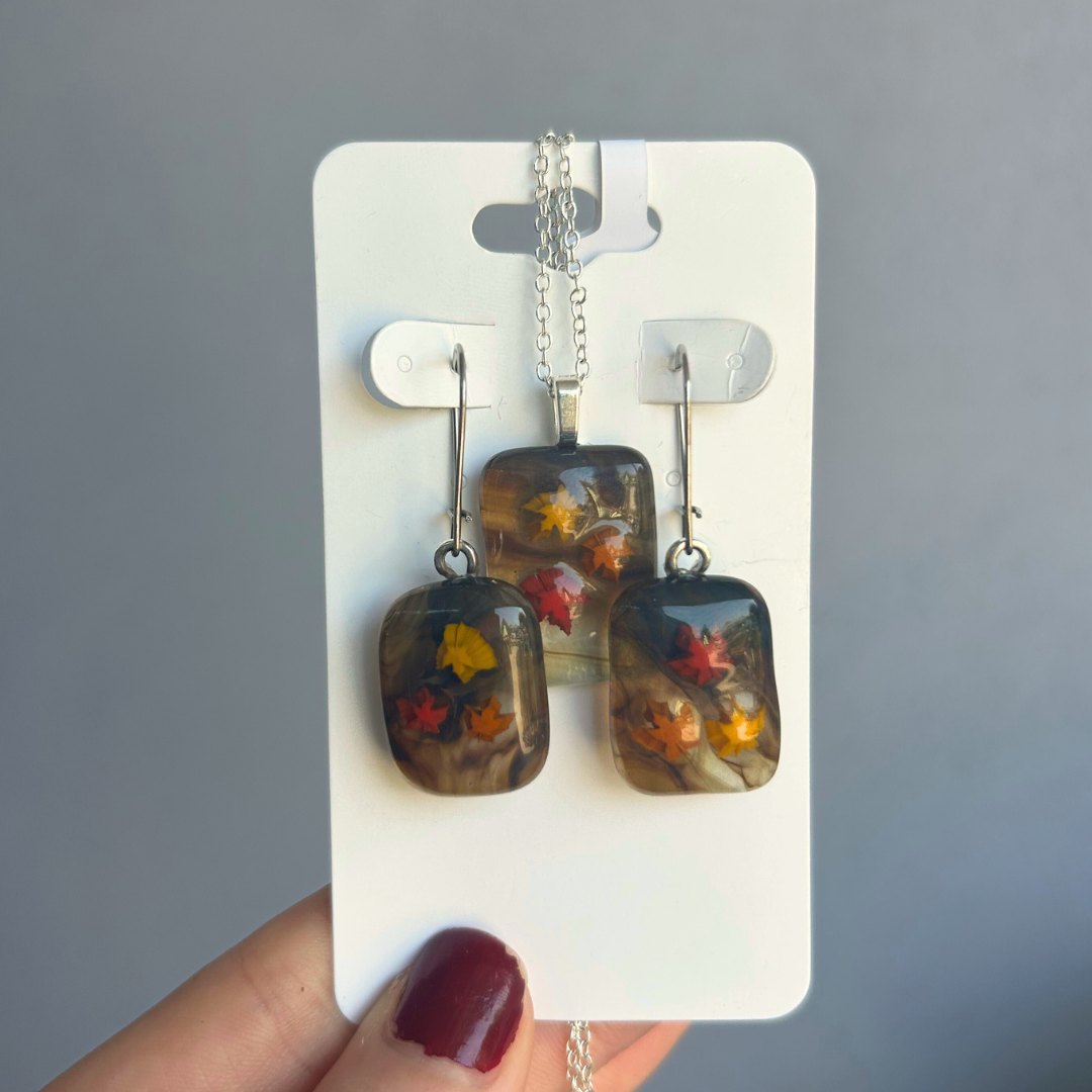 Fall Leaves Glass Necklace and Earring Set