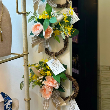 8" Cottage Wreath – Pink Camellia; Forsythia with Ribbon