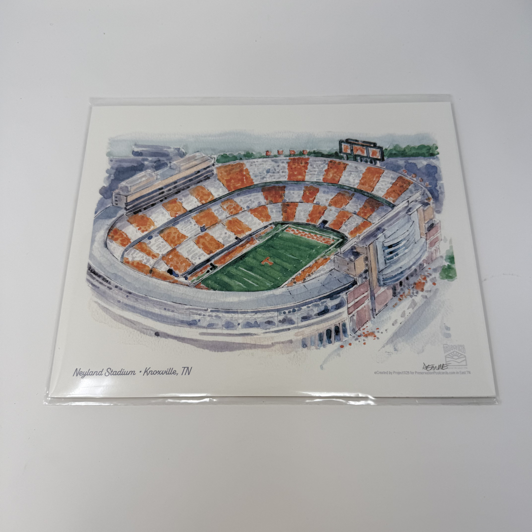 Artistic illustration of Neyland Stadium on a white background
