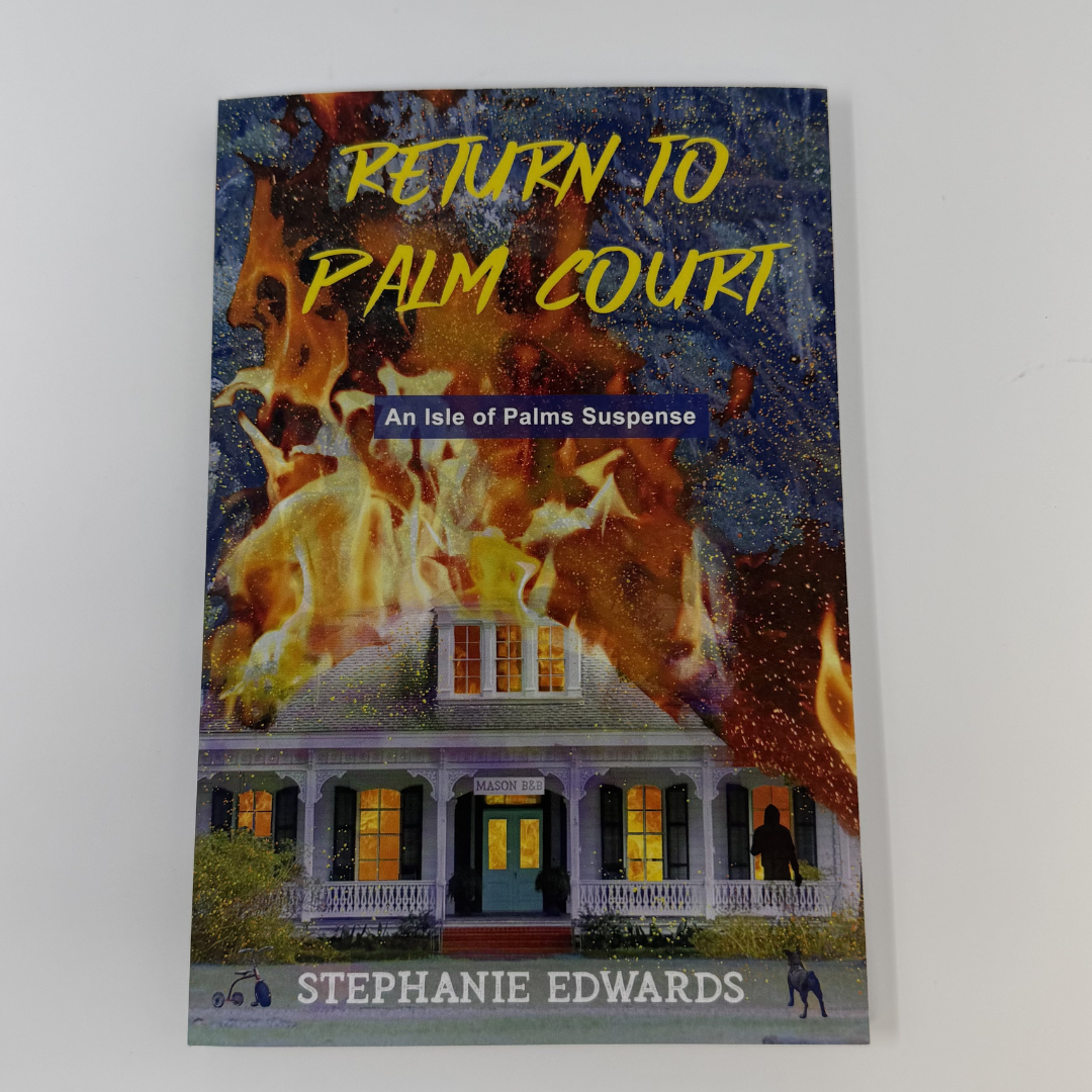 Book cover of 'Return to Palm Court' by Stephanie Edwards with a house and flames on a blue background.