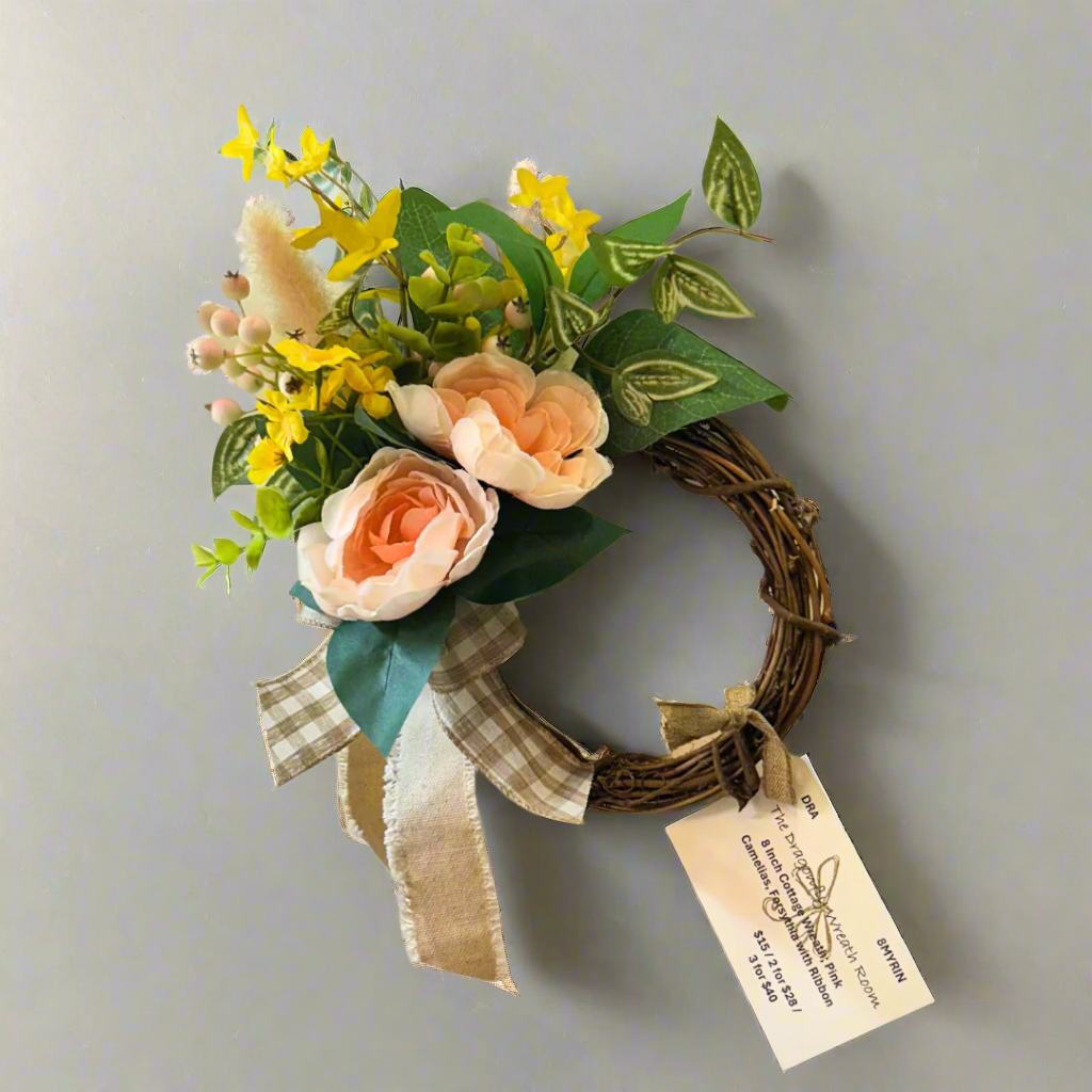 8" Cottage Wreath – Pink Camellia; Forsythia with Ribbon
