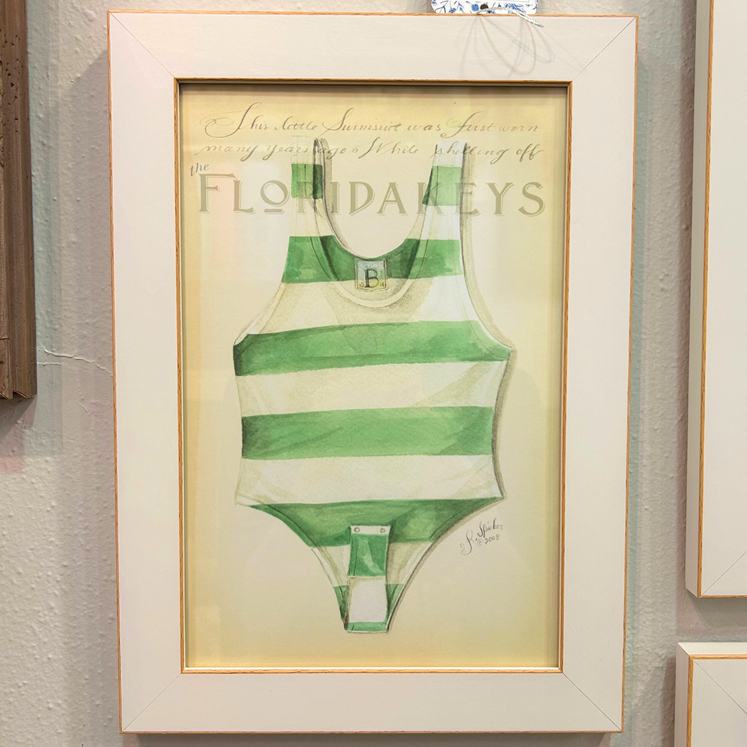 Green Striped Swimsuit Framed Artwork