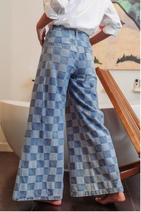 Checker Wide Leg Denim Pants