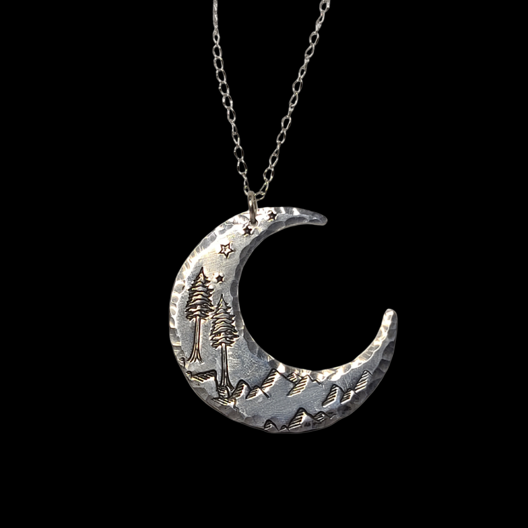 Crescent Moon Mountain Scene Necklace