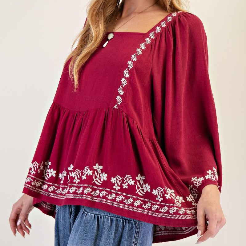 Embroidered Baby Doll Woven Top