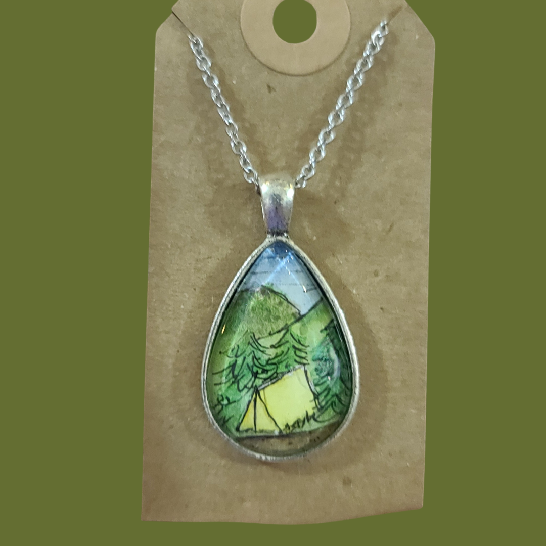 Hand Painted Watercolor Camping Necklace