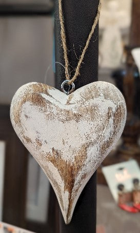 Rustic White Washed Wood Heart Ornament